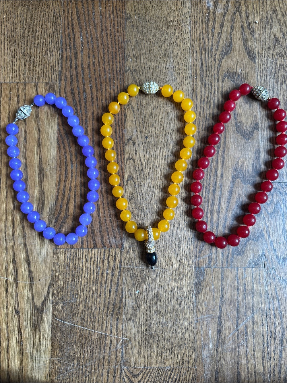 Set of Three Beaded Necklaces in Periwinkle, Yellow and Red